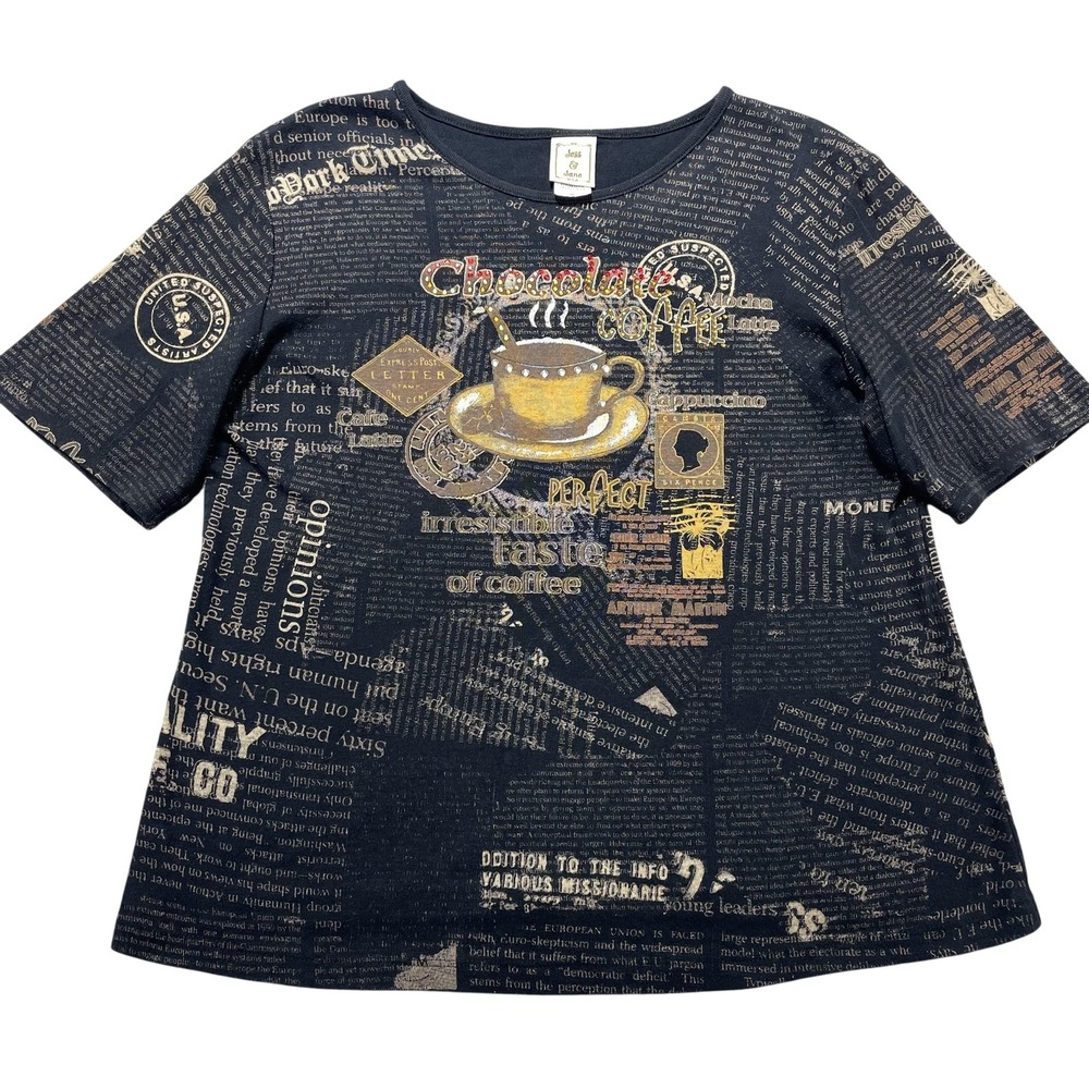 Jess & Jane Shirt Womens Medium Black Coffee Cup Newspaper Graphic Tee USA Y2K